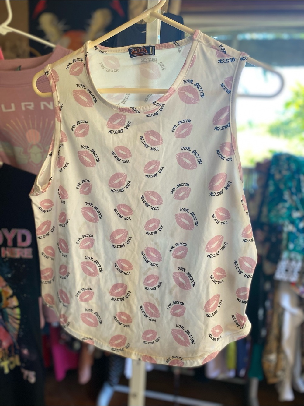 Von Dutch White Tank Top with Pink Kiss Print